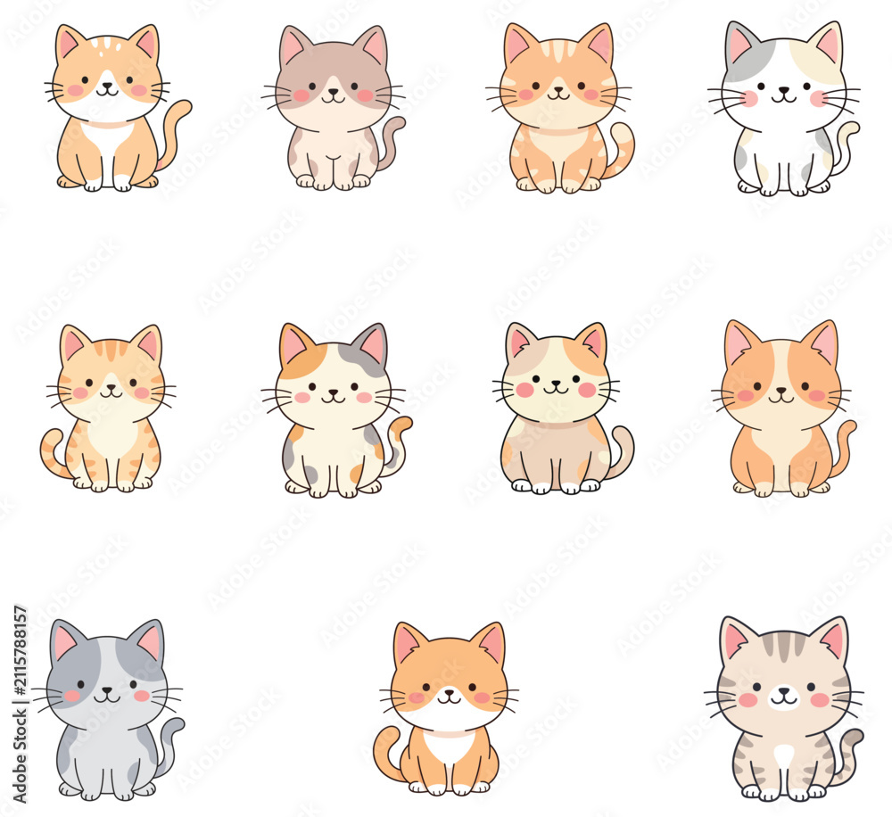 Fototapeta premium Cute kitten characters sit together in a lighthearted cartoon style, featuring orange and white fur, whiskers, and smiling expressions for playful kids design