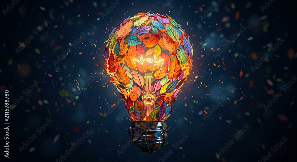 Fototapeta premium Conceptual digital art of a glowing lightbulb composed of colorful leaves symbolizing sustainability