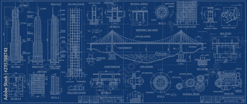Architectural blueprint with buildings and bridge designs