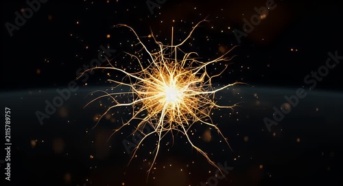Abstract glowing golden neuron cell representing brain neural network connectivity and synaptic electrical impulses