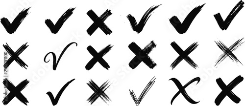 Large collection of hand drawn black check marks and cross symbols isolated on transparent background for marking tasks or voting forms.