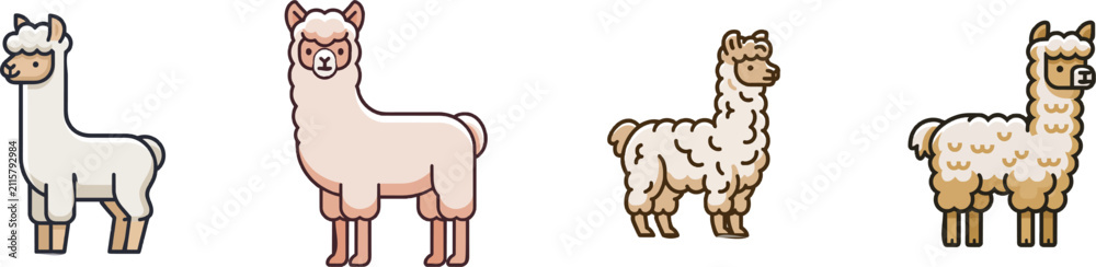 Fototapeta premium A fluffy farm alpaca in a minimalist design with clean dark outlines and warm beige and white flat colors stands on a solid pure white background