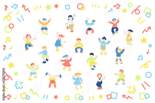Fotografie 楽しそうに踊るこども達と簡単なアイコンのフラットなイラスト（セット）