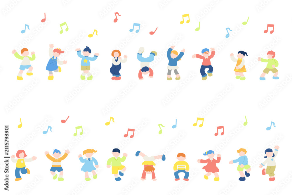 Fototapeta premium 横に並んで楽しそうに踊るこども達のフラットなイラスト（セット）