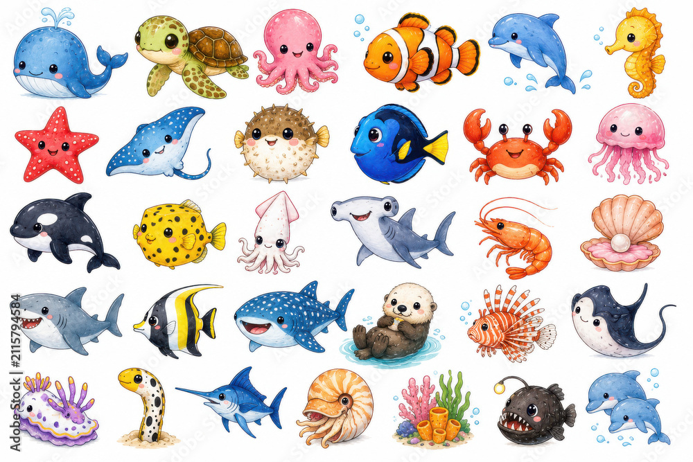 Fototapeta premium Cute Ocean Animals Clipart Collection with Whale, Dolphin, Sea Turtle, Fish and Marine Life on White Background