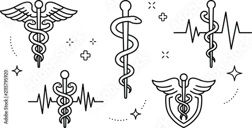 Medical caduceus and rod of asclepius line art vector icon set with snake staff heartbeat pulse line and clinical healthcare shield elements