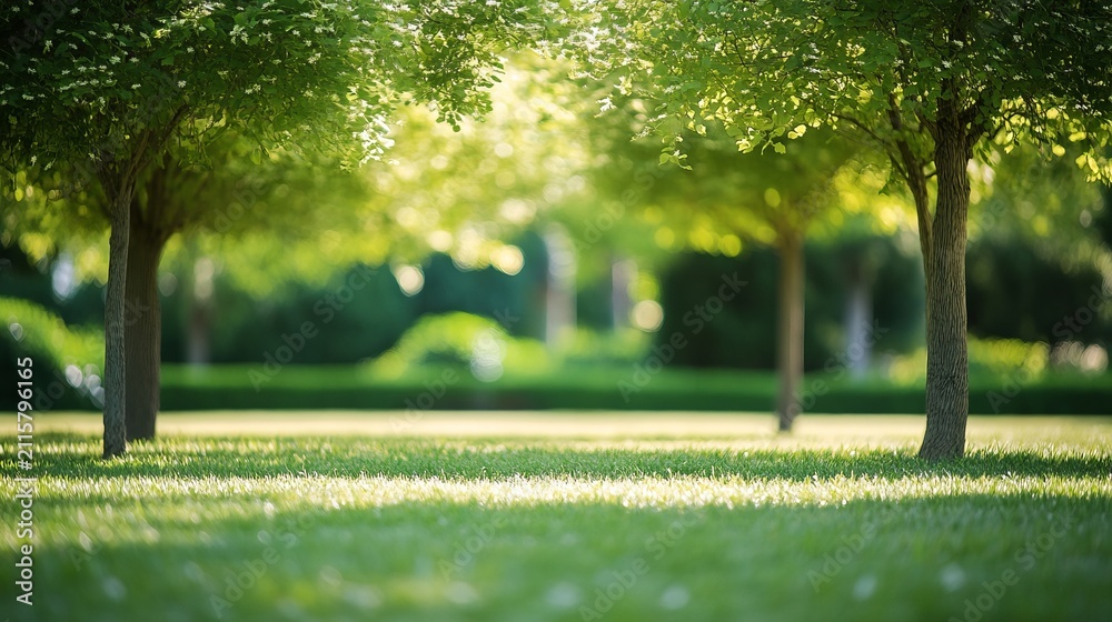 Obraz premium Lush Green Park Scene Featuring Soft Sunlight Filtering Through Tree Canopy Over A Peaceful Lawn