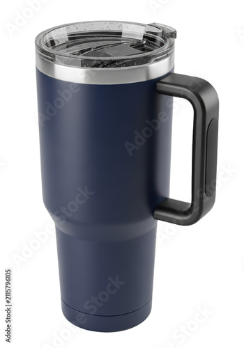 A 40oz deep navy blue matte stainless steel travel tumbler with black handle and textured lid on a white background, modern reusable drinkware concept