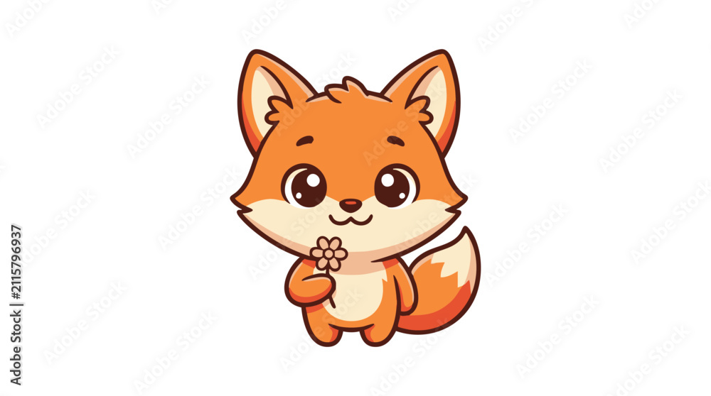 Fototapeta premium Cute cartoon fox holding a flower. Adorable woodland animal character for nursery design.