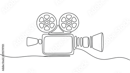  Minimalist continuous line art illustration of vintage film camera with reels and conical lens, symbolizing filmmaking, creativity, visual storytelling, cinema, and artistic simplicity in design