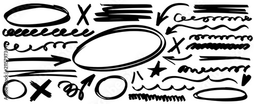 Pen brush and marker highlight doodle set. Pencil paint, circle and arrow lines with underline. Marker arrow, highlight and underline drawn with bold expressive energy.