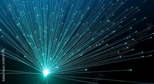 Vibrant teal light beam radiating through digital space with glowing lines