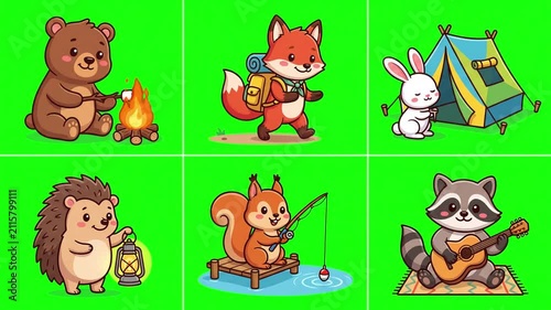 Cute Animated Camping Animals Collection on Green Screen