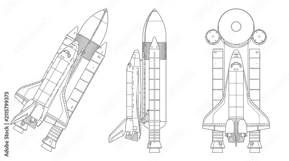 Fototapeta premium Detailed space shuttle vector illustration showing multiple technical views for aerospace engineering design and research projects