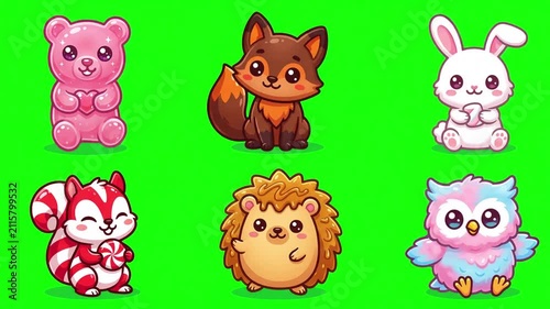 Kawaii Animal Sticker Pack on Green Screen Background