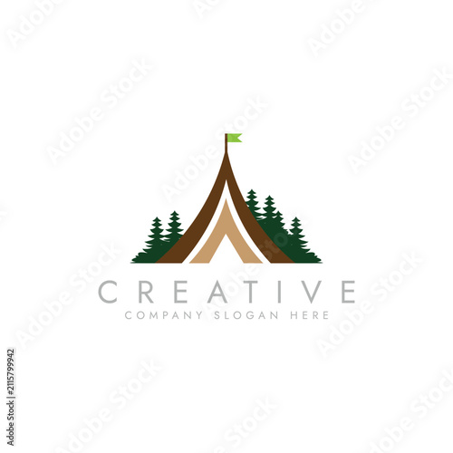 Camping Tent in Forest logo vector Illustration design  