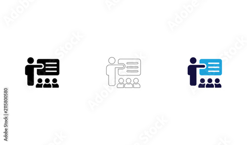 Educational presentation icon with teacher explaining project tasks to group of people.