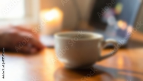 Ceramic Coffee Cup on Warm Wooden Desk for Fintech Web Banner