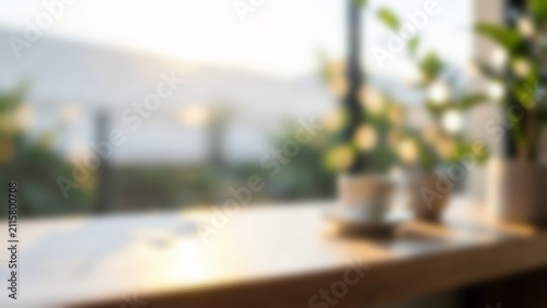 Blurred Bright Morning Workspace Table Background for Fintech App