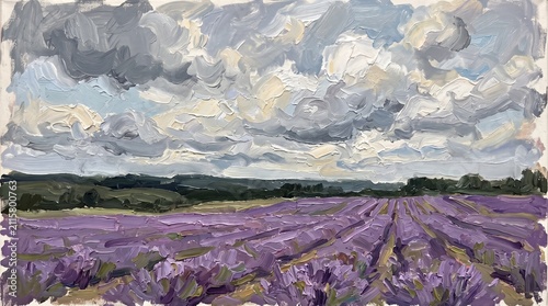 Purple lavender field landscape featuring expressive impasto oil paint strokes under heavy dramatic summer clouds