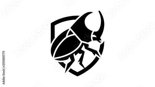 Quadro su tela Stylized Black Silhouette of a Rhinoceros Beetle on a Shield Emblem