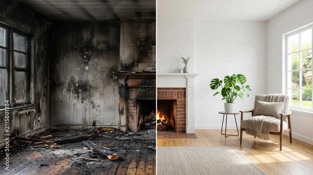 Obraz premium Damaged room with smoke soot stains, peeling wall paint, and fire damage next to a clean interior.