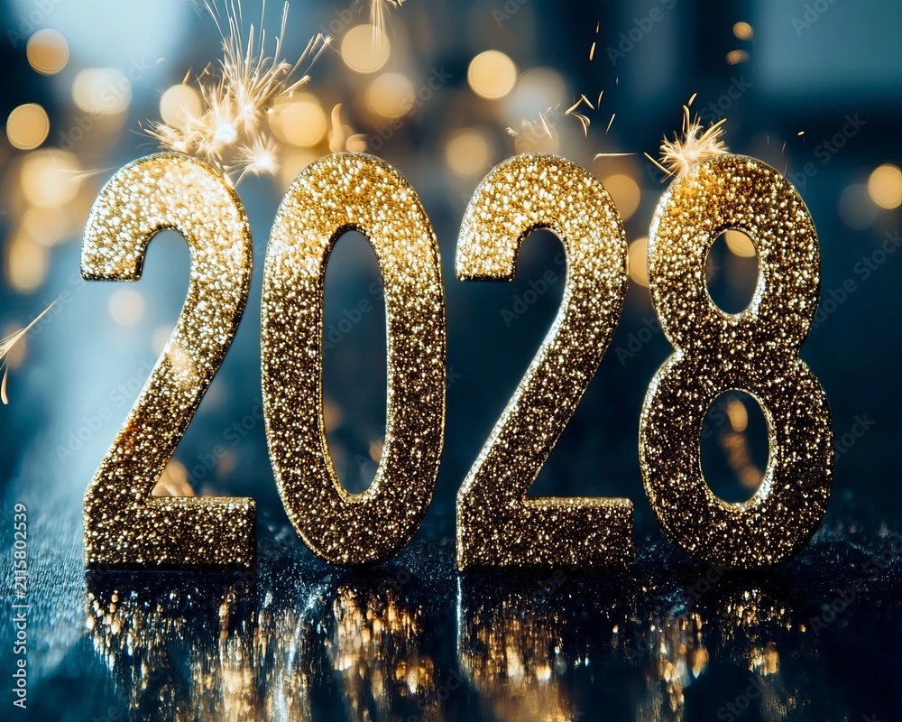 Obraz premium 2028 Gold Glitter Letters Featuring Magical Sparkle Fireworks And Celebratory New Year Background.