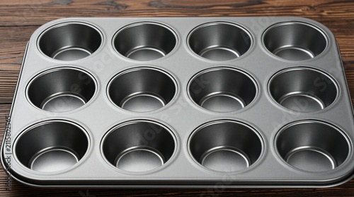 Close-up of empty twelve-cup muffin tin on wooden surface. Metal bakeware has round cavities ready for baking cupcakes or muffins for treats.