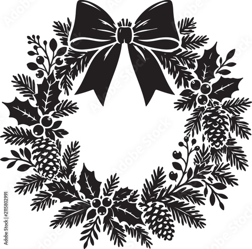 Black and white christmas wreath with pine cones and a decorative bow