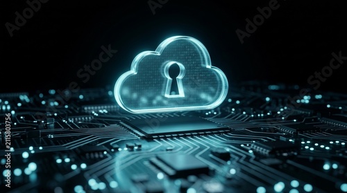 Digital security and code compliance symbolized by a glowing cloud icon and padlock on a circuit board.