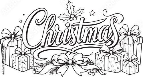 Christmas hand lettering text with gift boxes and holly leaves