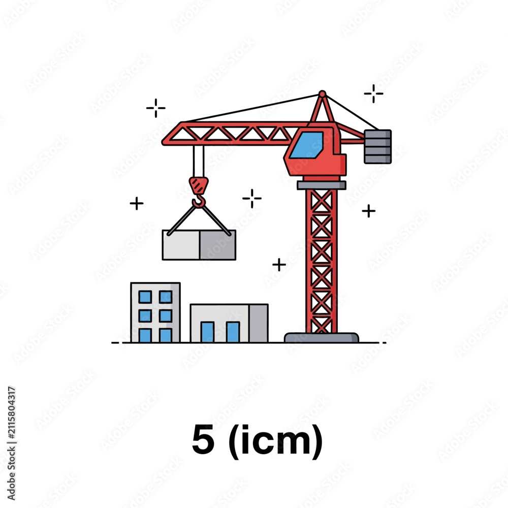Naklejka premium Construction Crane Lifting Building Blocks Over Simplified Urban Landscape