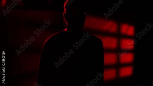 Mysterious male silhouette emerging from dark red-lit room, reaching out and leaving bloody handprint on glass surface with dramatic shadow pattern. Cinematic thriller and horror concept for crime, my