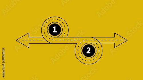 Animated two-step process infographic with circular path and directional arrows on yellow background