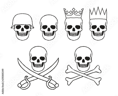 Skull collection. Skull with crossbones or swords sign. Pirate jolly roger flag symbol. Skeleton head with helmet and crown. Vector illustration image.