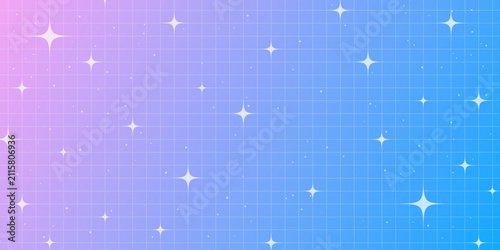 Pink gradient background in Y2K style with glowing stars and grid. Retro aesthetic pattern with cute sparkles. Geometric and holographic vector backdrop.