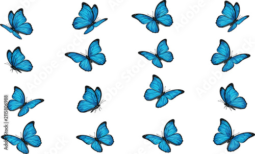 Fotografía Blue Morpho Butterfly Icon Set featuring Azure Winged Insects in Various Flight