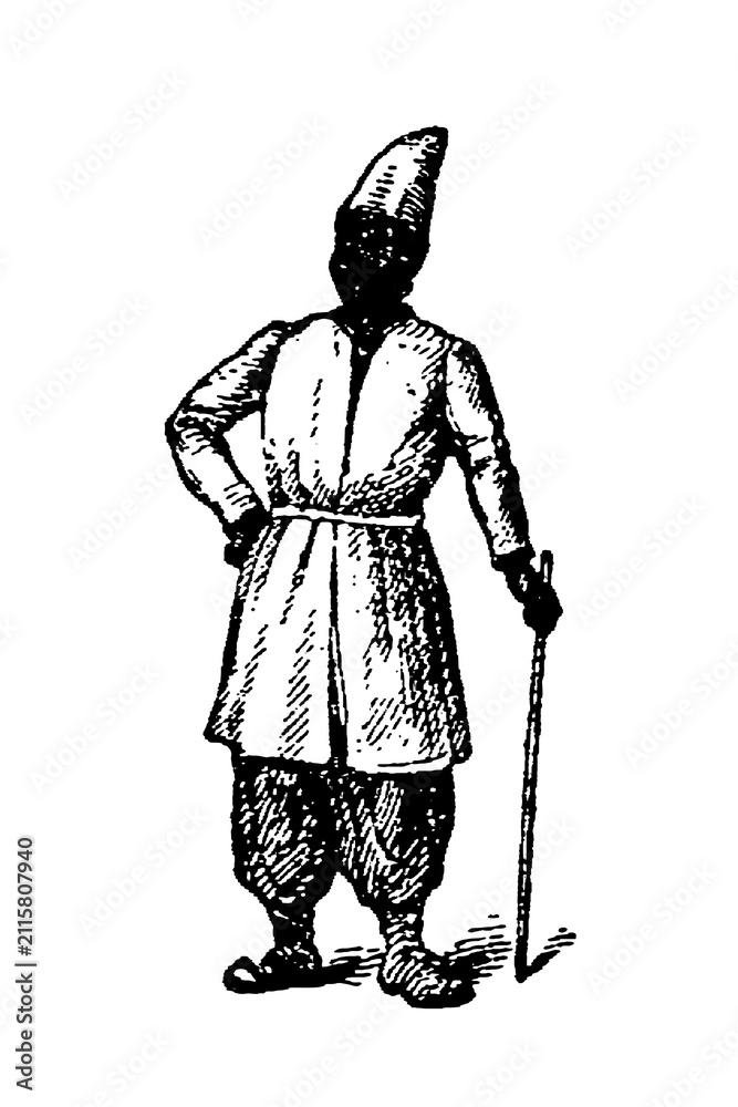 Obraz premium Zanzibari man in traditional attire with tall hat, long coat, and pantaloons, holding a staff, old vintage illustration, 1897.
