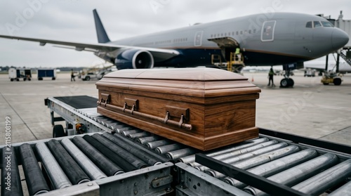 Final farewell symbolized by a polished wooden casket on a transport belt at an airport.