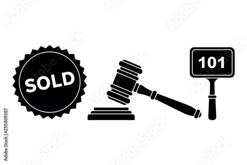 Картината върху платно Auction silhouette gavel 'sold' stamp and bidder paddle representing successful