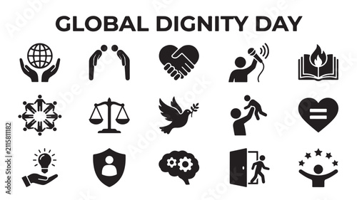 Global Dignity Day icon set, 15 human rights and equality vector symbols, black solid glyphs for social justice and community empowerment