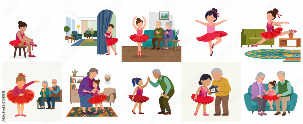 Naklejka premium Collection of illustrations of a little ballerina girl practicing ballet and performing for her loving grandparents at home.