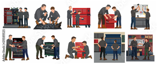 Flat vector set of father and son working together in garage workshop, mentor teaching apprentice mechanic skills with tools and toolbox