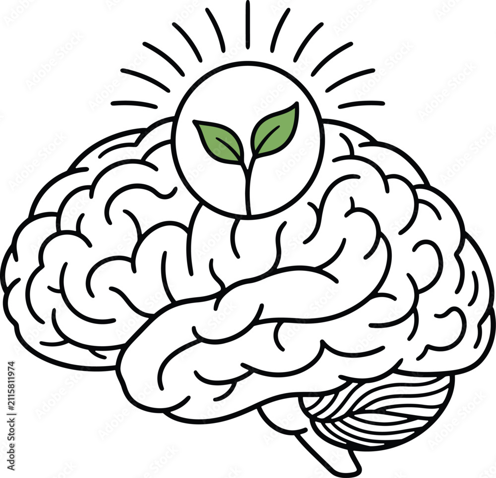 Obraz premium Human brain icon with a small green plant growing from the top