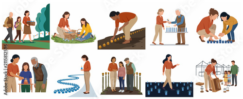 Obraz na płótnie Set of flat vector illustrations of diverse people lighting votive candles for a