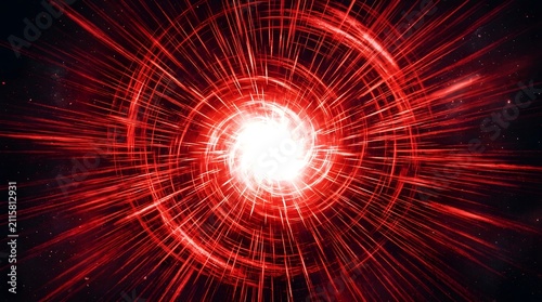 Abstract red light vortex with glowing spiral energy and radial streaks