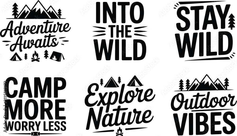 Fototapeta premium Vintage camping quotes vector set, outdoor adventure badges, nature labels Editable Vector