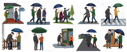 Collection of flat illustrations showing young people helping elderly citizens with umbrellas during rainy weather, demonstrating kindness and intergenerational support.