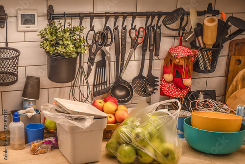 Kitchen work table with accessories close-up