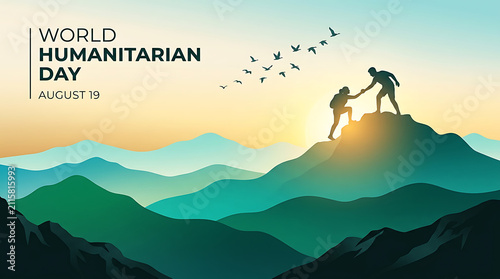 World humanitarian day illustrative scene of people helping each other scale a mountain peak
